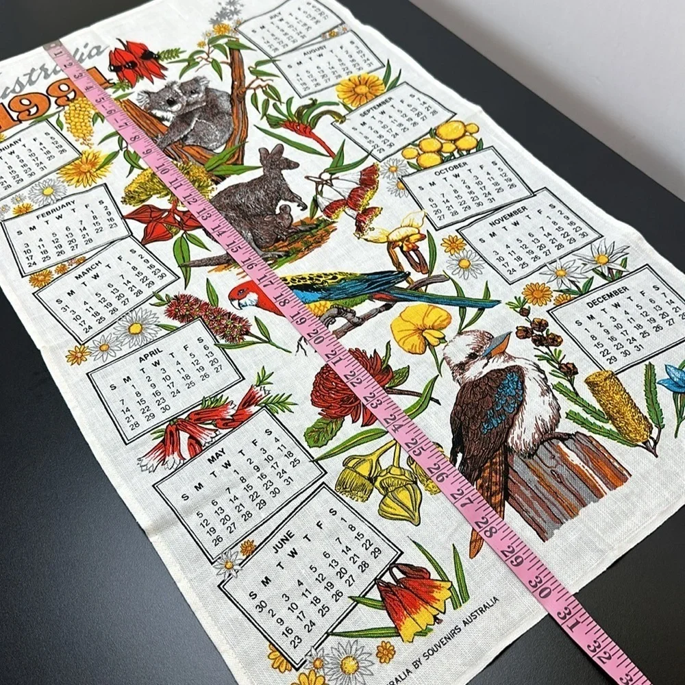 Australia 90s Kitchen Calendar Tea Towel Linen Blend Koala Kangaroo Parrot‎ 1991